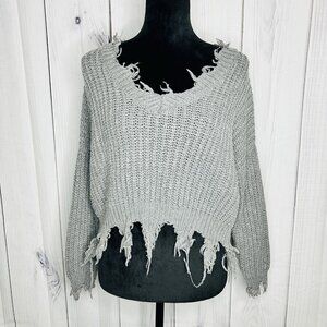 Love Tree Sz Small Cable Knit Crop Slouchy Fit Gray Sweater Distressed Fringe
